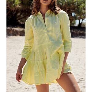 Free People Billie Pintucked Long Sleeve Tiered Mini Shirt Dress Lime Glo Small
